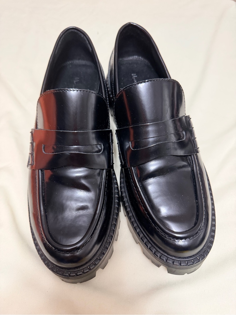 Massimo Dutti Black Leather Penny Loafers with Lug Sole